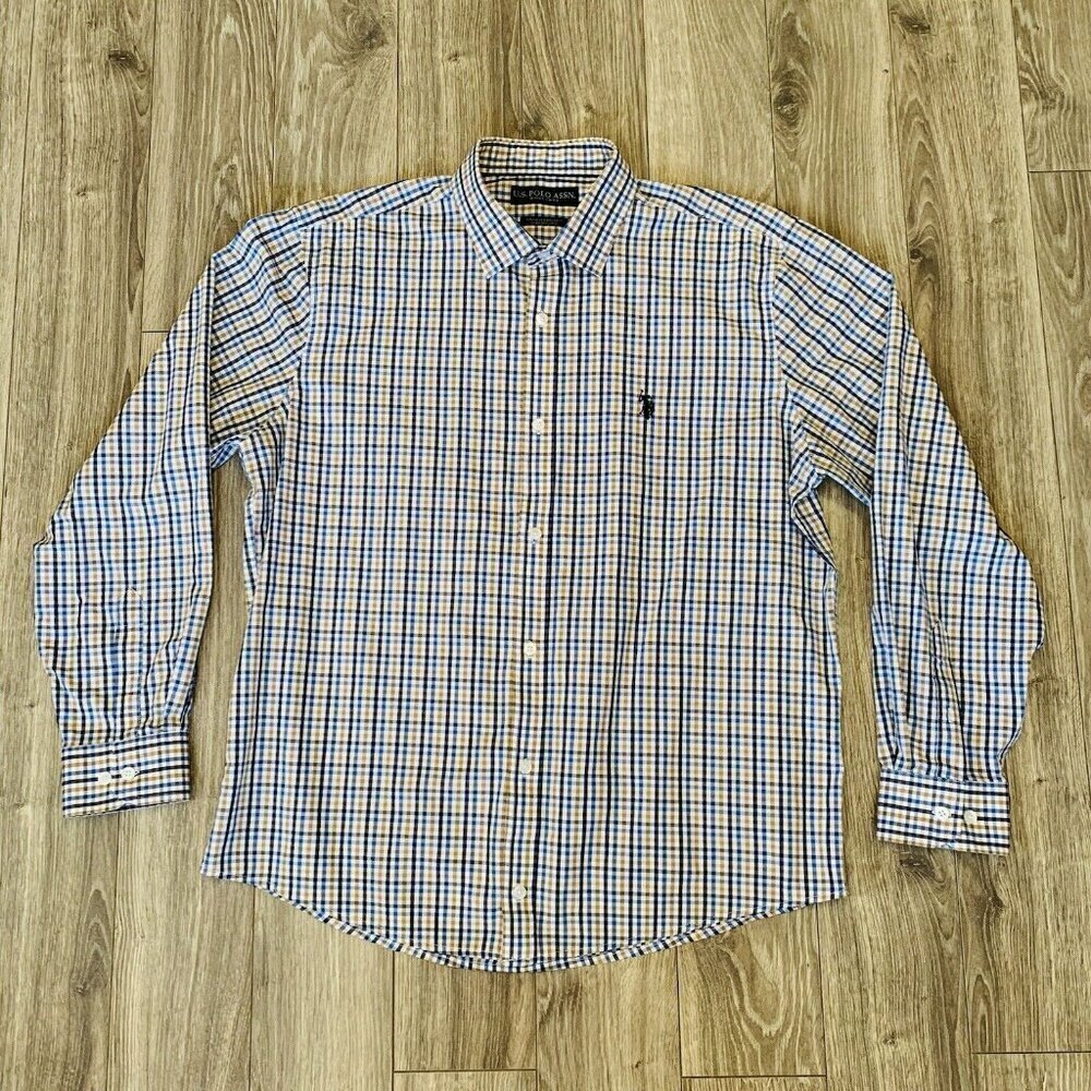 Us Polo Assn Shirt Wrinkle Resistant Mens XL 17 Long Sleeve Button Up Plaid Blue